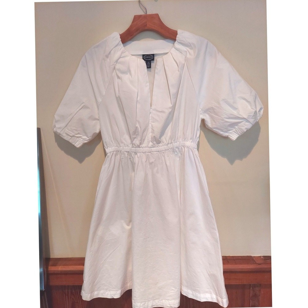 Scoop White Cotton Puff Sleeve V-Neck Mini Dress with‎ Pockets Size XS 0-2
